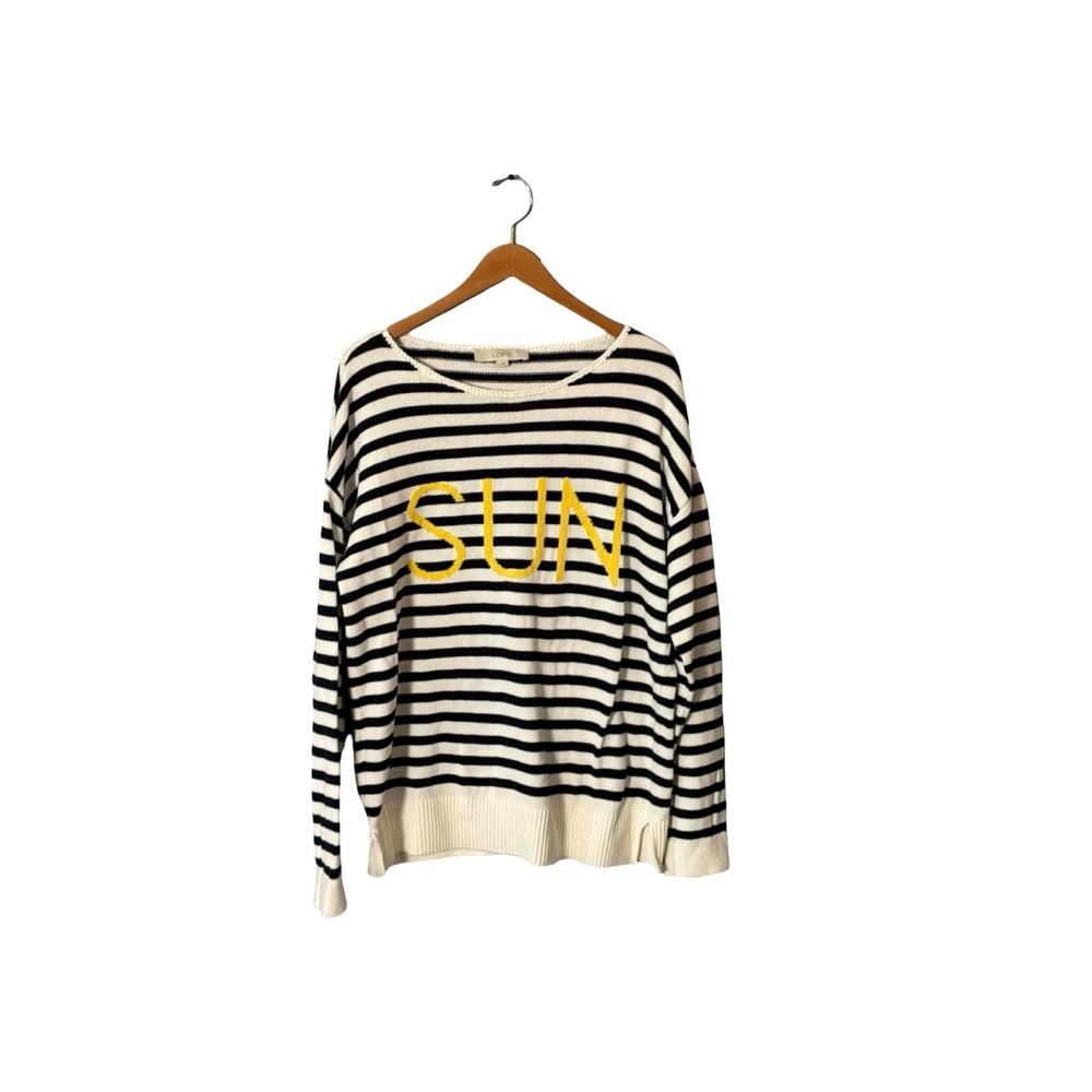 LOFT Striped‎ SUN Graphic Cotton Sweater Size L Black White Yellow Nautical